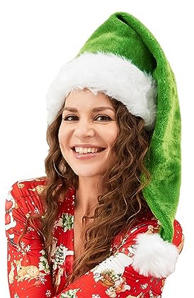 HzDazrl Lange Weihnachtsmütze für Erwachsene, Deluxe, Plüsch, lange Weihnachtsmütze, Urlaubsparty-Zubehör für Damen und Herren, Grün, Einheitsgröße