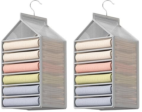 Minnhua 2 Pièces Rangement Suspendu, Rangement pour Vêtements et Penderies avec 6 Compartiments, Etagere Rangement Placard, Rangement Casier Vestiaire pour Pulls, Chemises et Pantalons (Blanc)