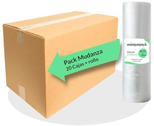 Masquepack Kit de Mudanza - Pack 20 Cajas de Cartón 50,5x35x25cm + Burbuja Ideal para Embalaje y Mudanzas (20 cajas 50,5x35x25cm + Burbuja)