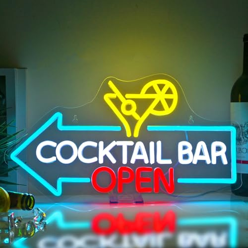 NOXET Cocktails Bar Open Neon Panneau LED Néon Bar Ouvert Cocktail Enseigne Lumineuse pour Mur Bleu Rose Néons Lumière pour Pub Home Bière Bar Club Man Cave Restaurant Boutique Signes Cocktails Décor