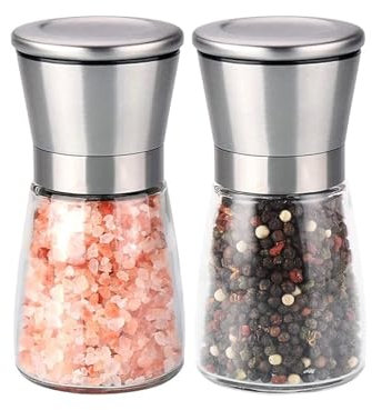 Salt and Pepper Grinder Set – Adjustable Coarseness Manual Mills with Ceramic Core – Refillable Glass & Stainless Steel Pepper and Salt Grinders [No Spices Included]