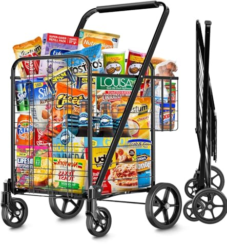 Flovel Caddy de Courses Pliable Jumbo - Portata 158 kg - Chariot de Courses Lourd avec 4 Routes Pivantes 360° e Double Panier - Caddy de Courses and Roulettes pour Transport de Courses, Bagages