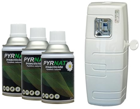 Pyrnat Insecticide 3 x250ml au Pyrèthre avec Diffuseur Automatique (APRD096) Anti-mouches, Moustiques, Punaise de Lit Efficace contre les insectes volants et rampants.
