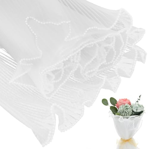 Blumen Papier 3.6m Blumenstrauß Papier Mit Perlenrand Weiß Netzpapier Blumenpapier Geschenkpapier Einwickeln Blumen Gewelltes Netzgarn Bouquet Wrapping Paper für Handwerk Geburtstag Festival