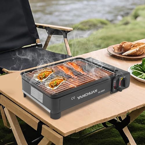 Set per barbecue da campeggio, con cartuccia a gas, per esterni, per picnic, viaggi, trekking, con 2 griglie e valigetta (senza cartucce di gas)