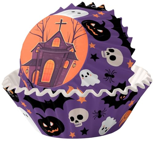 MOMAHUA 100 Stück Halloween Muffinförmchen Papier, Lila Haus Muffins Backförmchen, Papierbackförmchen Backformen Muffin Cupcake Formen Papier Fällen Liners Wrapper Förmchen für Backen Dessert Party
