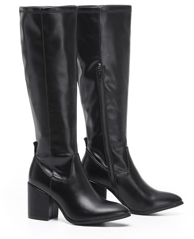 VIVASHOES Women’s Knee High Heeled Boots – Faux Suede Long Boots with Chunky Heel & Side and Pull On Tab – Stylish Tall Winter Booties for Autumn & Winter Outfits - Black Leather 7