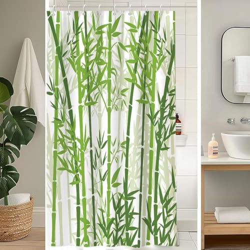 Uiiooazy Tenda da Doccia Antimuffa 120x200cm Bambù Foglie Verde Salvia Zen | Tenda da Doccia Spa Giapponese Foresta Impermeabile Tessuto in Poliestere Lavabile per Vasca da Bagno con 8 Anelli