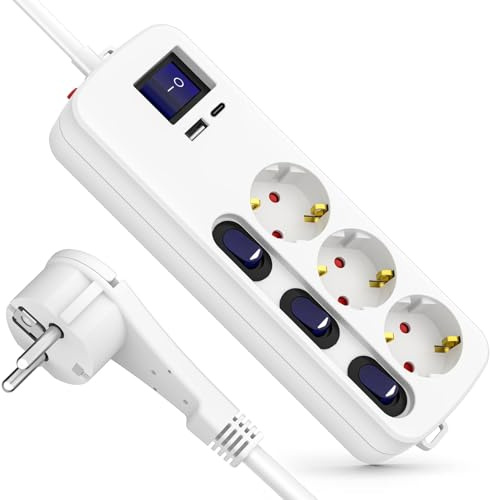 Realmade Steckdosenleiste 3-Fach mit Einzeln Schaltbar mit USB-A USB-C 3,4 A
