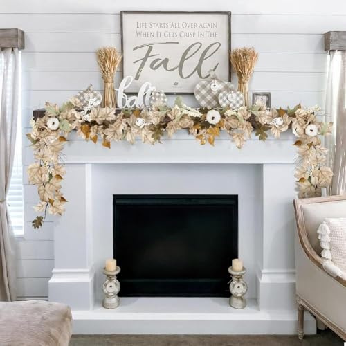 Fall Garland with Pumpkins and Berries, 6ft Artificial Maple Leaf Garland with Cream and Orange Leaves Autumn Decor for Farmhouse Fireplace Table Stairs Porch Halloween Thanksgiving Decorations