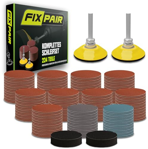 FIXPAIR Kit carta abrasiva 224 pezzi per trapano - dischi abrasivi 50mm adattatore - ideale per levigare legno, metallo e restaurare fari auto/moto - grana da 800 a 3000