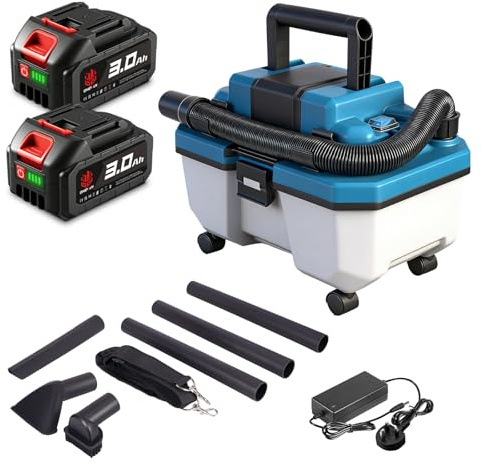 ONEVAN Cordless Wet and Dry Vacuum Cleaner, 22kPa Brushless, 10L Tank | 2m Hose, 3 Extension Tubes, 3 Nozzles, Dual Battery Runtime 40 Min, Movable Wheeled, for Woodworking/Garage/Car Cleaning