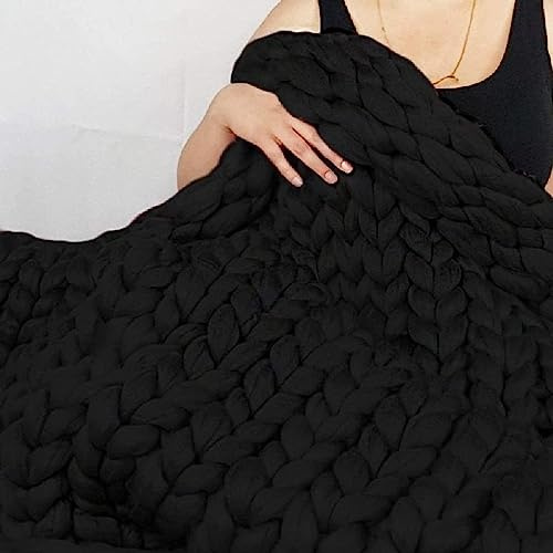 GVNFJKJK Dicke Strickdecke, Handgestrickte Decke aus klobiger Baumwolle, 100% handgefertigt, gemütliche for Couch oder Bett, weiche und atmungsaktive Fleece-Überwürfe, Schwarz, x cm (40 40 Zoll)