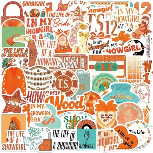 50pcs Tayloris Show-Girl Music Stickers for Adults, Female Pop Singer Stickers for Teen Girl, Waterproof Vinyl Sticker for Water Bottle, Laptop, Phone, Party Favors, Movie Decor