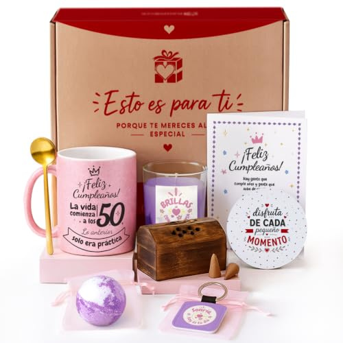 Kembilove® Pack Regalo Mujer 50 Años con Taza Personalizada – Caja Sorpresa Cumpleaños con Vela, Sales de Baño e Inciensos – Regalo Original 50 Cumpleaños Mujer
