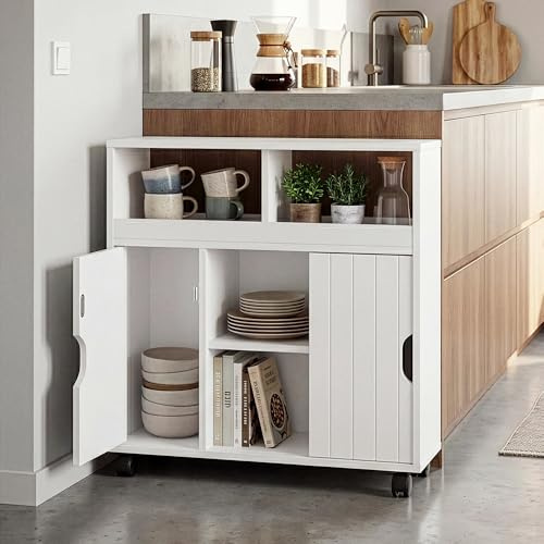 [en.casa] Armario Rodante Delgado Fadeskimma con 2 Compartimentos Abiertos y 3 Puertas Carrito Auxiliar con Ruedas Mueble Baño Carro de Almacenamiento Cocina 72 x 70 x 20 cm - Blanco