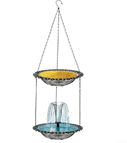 Fuentes solares de baño para pájaros, fuente solar colgante en cascada para pájaros, baño para pájaros y comedero para jardín, atrae colibríes y pájaros silvestres, bandeja de comedero para pájaros