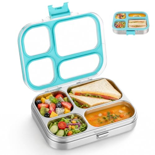 Cozary Fiambrera infantil de acero inoxidable, Caja de Bento Hermética con 4 Compartimentos, sin BPA, apta para lavavajillas, a prueba de fugas, caja bento para pícnic, escolar, almuerzo, recipiente,