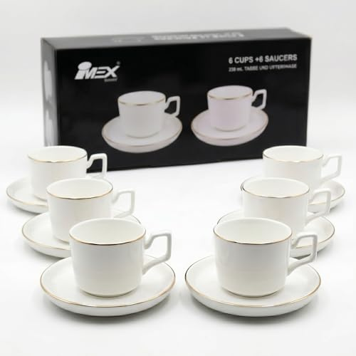 IMEX 12-teiliges Kaffeetassen-Set mit Untertassen & mit Goldrand | 230ml Cappuccino- & Teetassen für 6 Personen | Weißes Porzellan Geschirr-Set | Spülmaschinenfest & Mikrowellengeeignet