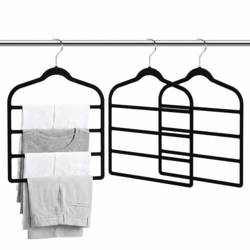 LUBEWISE Lot de 3 cintres pour pantalons peu encombrants, 4 étages | Crochet rotatif à 360°, cintres antidérapants en velours pour pantalons, jeans, jupes, écharpes, cravates, serviettes