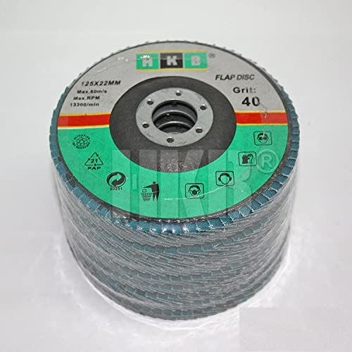 HKB ® 10 Stück Fächerschleifscheibe Korn 40, Schruppscheibe, Schleifmop, 125x22mm, blau, Zirkon,für Edelstahl, Metall, INOX, für Flex und Winkelschleifer, Hersteller HKB, Art-Nr. 50095