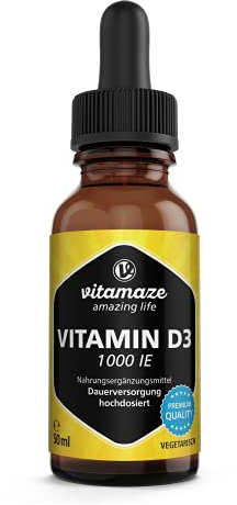 Vitamin D3 Tropfen hochdosiert 1000 IE, 50 ml (1700 Tropfen), Cholecalciferol vegetarisch, hohe Bioverfügbarkeit, Natürliche Nahrungsergänzung ohne Zusatzstoffe, Made in Germany