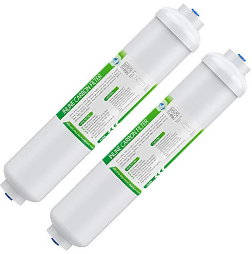 Membrane Solutions T33 Inline Water Filter, 1/4 Quick-Connect Filter Replacement Cartridge in-line Filter for Refrigerator & Ice Maker, Post-Carbon Filter for Reverse Osmosis Water System, 2 Pack