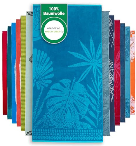 BaSaTex Baumwolle Velours Strandtuch, 90x180 cm, Blatt Blau | 100% Baumwolle, Made in Green Zertifiziert, Frottee Seite, Velours Seite, Strandhandtuch