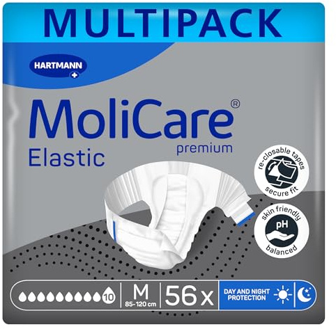 MoliCare premium Elastic Inkontinenzslips – 10 Tropfen | Hochsaugfähige Einwegwindeln für Männer und Frauen mit sehr schwerer Inkontinenz für die Nacht | Größe M | 4x14 Stück
