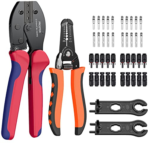 Proster Solar Crimpzange und Kabelschneider Set für 2.5/4.0/6.0mm² Solarpanel PV Kabel mit 10 Paar Male Female Solarpanel Kabelstecker und 2 Solar Steckverbinder Schraubenschlüssel