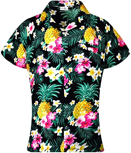 King Kameha Funky Blouse-Chemisier-Hawaienne, Manche-Courte, Pineapple-Flowers, Noir, XXL