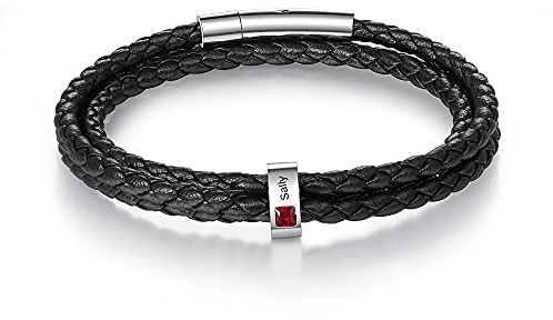 ALBERTBAND Herren Armband Personalisierte Armband mit Gravur Geburtssteine Silber Leder Armband Freundschaft Familie Geschenke Silber Charm Armband