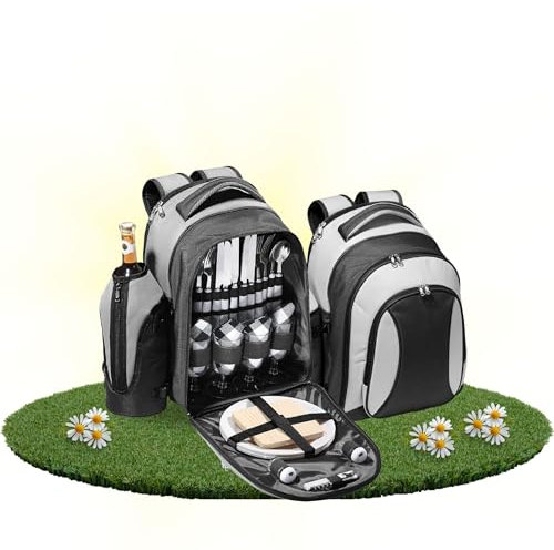 Picknickrucksack 4 Personen - Picknickset 21 TLG. - Wasserabweisender Deluxe Kühlrucksack mit großem Kühlfach - Camping-Besteck und wiederverwendbares Geschirr