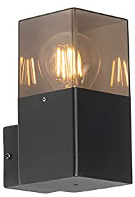 Qazqa Modern außen Wandleuchte, Außenlampe, Wandlampe für den Garten - Denmark - Schwarz mit Rauchglas, max. 15W, Geeignet für LED, 8.3cm, IP44, Rechteckig