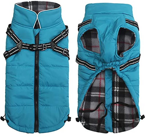 Geyecete Winter Warm Coat Waterproof Jacket with Harness Traction Belt,Pet Outdoor Jacket for Medium, Small Dogs - Blue