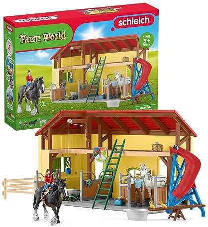 SCHLEICH Farm World | Pferdestall 42485 | Set inkl. Stall, 2 Pferden, 5 weiteren Tieren, 2 Bauer Figuren, Rutsche, Wippe & Zubehör | Geschenkidee für Kids | Bauernhof Spielzeug ab 3 Jahre | 82 Teile