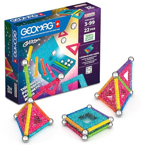 Geomag, Recycled Glitter, Magnetische Konstruktionen mit Glitzereffekt, Bunte und Glitzernde Magnetstäbe, 22-teilige Packung, 100% Recycling-Kunststoff