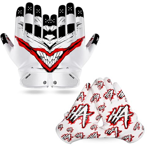 LISAAZ Football Gloves Sticky Grip Youth Football Gloves | Receiver Durable Youth & Adult Tacky Sports Training Game Day Gear Gift (White HAHA, Youth X-Small/Small)