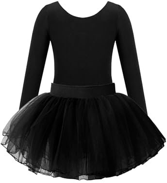 Freebily Kinder Mädchen Ballettanzug Langarm Ballett Body Tüll Tutu Ballettrock Outfits Kinder Tanzanzug Ballettbekleidung Set Gr.92-164 Schwarz 146-152/11-12 Jahre