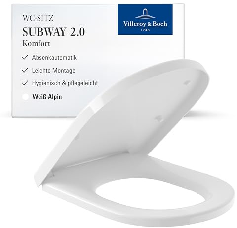 Villeroy & Boch Subway 2.0 - Asiento de inodoro en forma de D con cierre suave – Plástico termoendurecible extraíble e irrompible – Pieza original – Blanco alpino brillante - Blanco alpino brillante