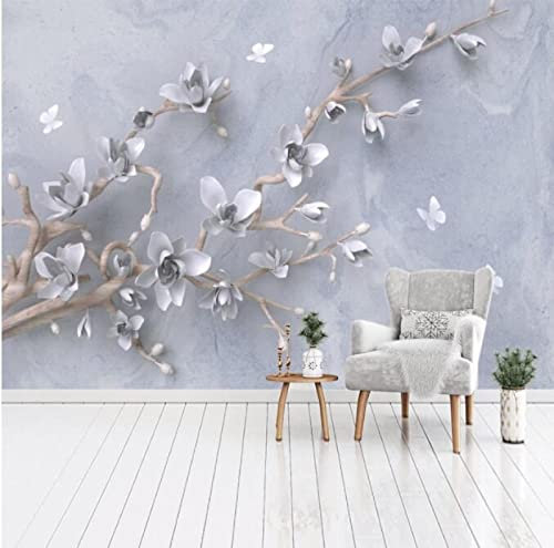 Grau Geprägte Magnolie Schmetterling 3D Wandbild Tapete Tapete Schlafzimmer Wohnzimmer Sofa Hintergrundwand*150cmx105cm(59.1x41.3inch)