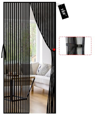 YRH Magnetic Fly Screen Door with Stay Open Buckles - Heavy Duty Self-Sealing Mesh, No Drill Installation,Powerful Magnets,Full Frame Magic Tape (90x200 cm, Black)