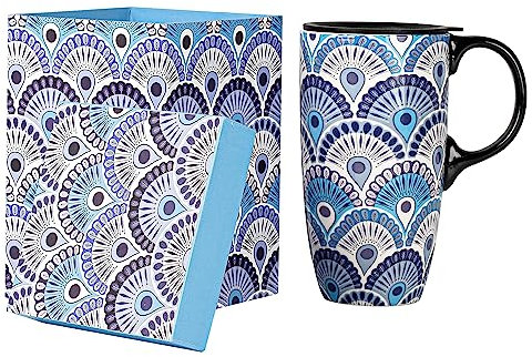 Topadorn Ceramic Travel Mug with Lid and Handle Gift for Coffee Lovers Ceramic Coffee Mug Latte Cup Teacup Milk Mug in Color Box 17 Oz, Blue
