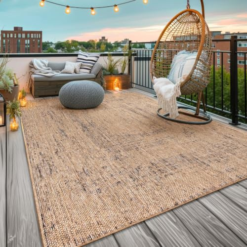 TT Home Waschbarer In-& Outdoorteppich Wetterfest Garten Terrasse Esszimmer Boho Muster Unicolor Meliert Moderner Style, Farbe:Beige Ocker, Größe:120x160 cm