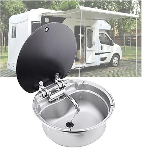 NILoykg& RV Waschbecken mit Deckel, 304 Edelstahl Handwaschbecken, mit gefaltetem Wasserhahn Tempered Glass Deckel Van Camper Anhänger Zubehör,Silver Faucet