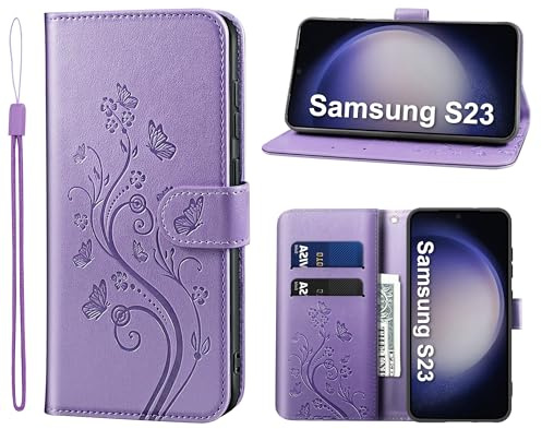 KRAFTCARE Lederhülle für Samsung Galaxy S23 Klapphülle Leder Hülle | Premium PU Leder mit Prägung, Kartenfach, Ständer, Magnetic Closure, RFID Blockierung, Flip Wallet Handyhülle, Lila