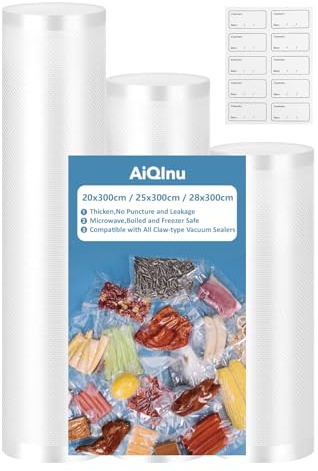 AiQInu Vakuumierfolie 3 Rollen, Vakuumbeutel Lebensmittel, Vakumierfolienrolle 28/25/20x300cm, Profi Vakuumbeutel Für Vakuumierer, Kochfest Und Sous Vide Gefrierbeutel, BPA-frei