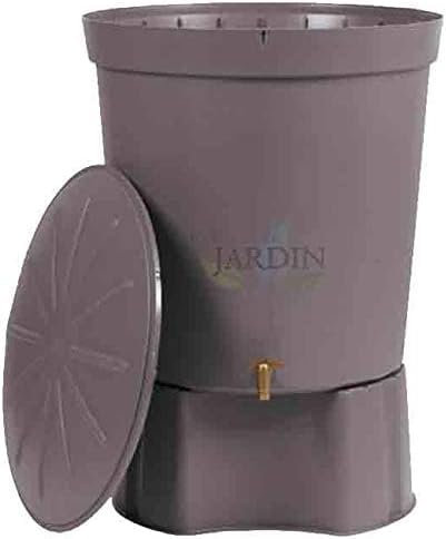 Serbatoio d'acqua grigio granito polipropilene 300 litri per acqua piovana. Include copertura, base e rubinetto. Diametro 82 cm, altezza 86 cm.