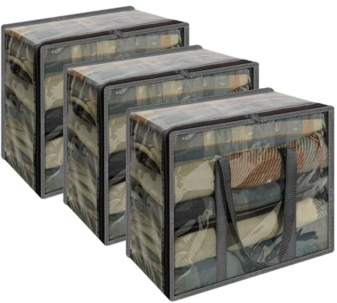 Vieshful 3 Stück Aufbewahrungstasche für Kleidung mit Verstärktem Griff Faltbare Unterbett Aufbewahrungsbox Vinyl Organizer für Bettdecke 40L Grau
