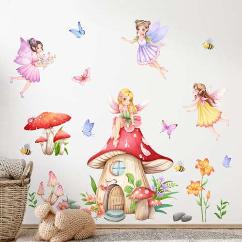 Supzone Wandtattoo Pilzhaus Fee Wandaufkleber Blume Elf Schmetterling Wandsticker Mädchenzimmer Abziehen und Ankleben Wanddekor für Kinderzimmer Babyzimmer Schlafzimmer Türen Wanddeko